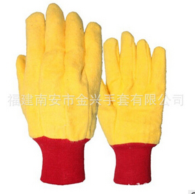 黄色针织绒隔热手套，红色罗口