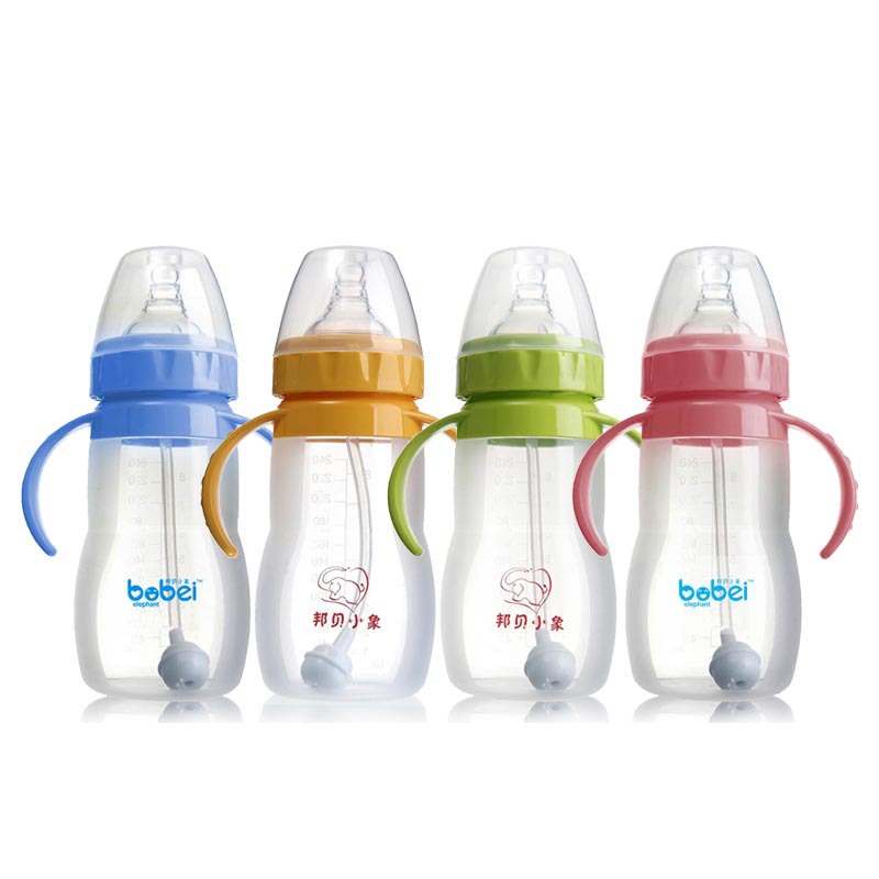 厂家直销婴幼儿宽口径全硅胶有柄自动圆弧奶瓶240ml