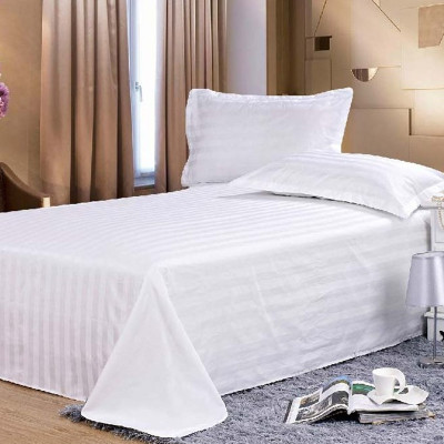 酒店宾馆床上用品床单批发 3公分缎条竖条纹全棉纯白色纯棉床单