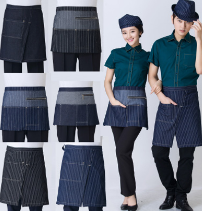 半身时尚韩版式男女蓝色黑围裙短款服务员牛仔围裙