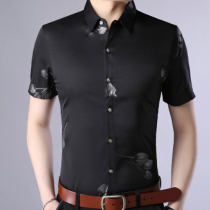 2018夏季新款男士短袖衬衫韩版修身印花衬衫薄款青年衬衣男潮流