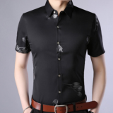 2018夏季新款男士短袖衬衫韩版修身印花衬衫薄款青年衬衣男潮流