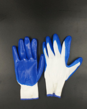 劳保手套 十三针尼龙白纱蓝胶 丁青手套 防油 耐磨浸胶手套