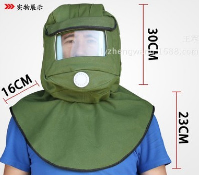 防打砂帽绿帆布喷砂帽防尘油漆工业粉尘全面罩打磨防护披肩帽面具图3