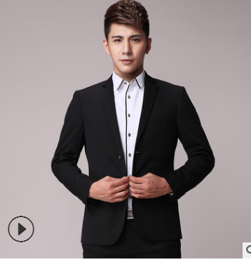 新款男士西服商务纯色坑皱小西装套装男修身面试正装结婚新郎礼服图2