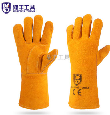 黄色牛皮加弯电焊手套 杂色布内里虎口加固焊接防护手套
