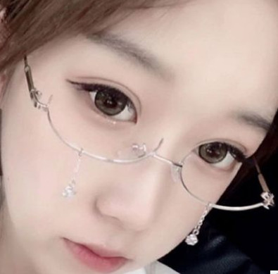 抖音同款装饰镜无镜片金属眼镜ins下半框水滴装饰链条吊坠眼镜架图3