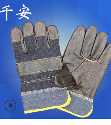 厂家批发头层牛皮真皮深色牛仔布短皮分掌电焊工劳保防护半皮手套