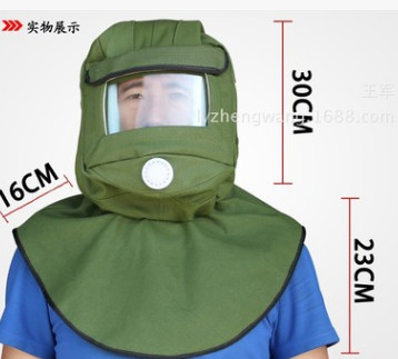 防打砂帽绿帆布喷砂帽防尘油漆工业粉尘全面罩打磨防护披肩帽面具图2