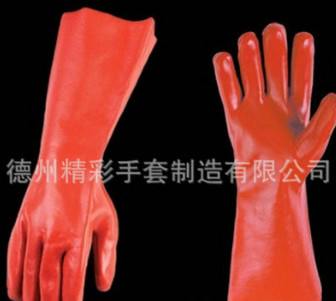 厂家定制35cm红色光面PVC手套 毛布里浸胶手套 劳保专用防化手套图3