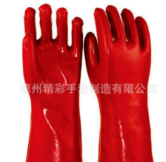 厂家定制35cm红色光面PVC手套 毛布里浸胶手套 劳保专用防化手套