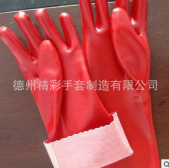 厂家定制35cm红色光面PVC手套 毛布里浸胶手套 劳保专用防化手套图2