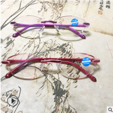 新款抗蓝光老花镜 无框钻石切边老花镜 防蓝光切边老光眼镜女图2