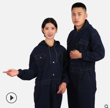 自产自销全棉厚牛仔连体服长袖厚款防尘连体服带帽连体汽修劳保服图2
