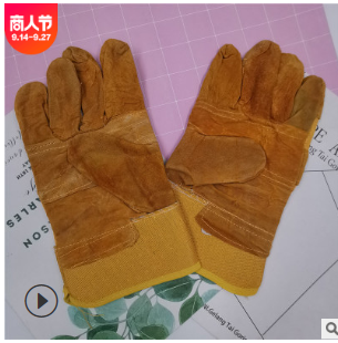现货批发短款电焊黄布黄皮驳掌手套防护焊工耐热耐温耐磨劳保手套