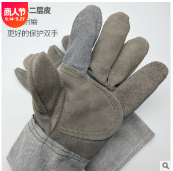 厂家劳保焊工手套 二层牛皮耐磨劳动皮革加托电焊手套临沂批发图2
