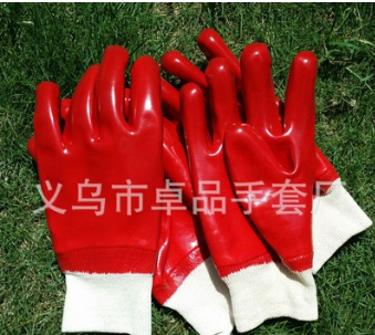 罗口PVC手套 针织棉毛布里红色光面全浸手套