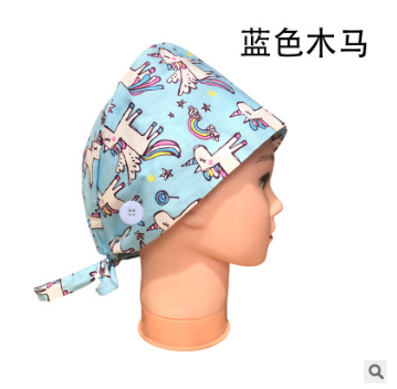 手术帽印花粉色蓝色灰色木马钉扣护士帽可爱独角兽纯棉包头医生帽图2