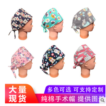 护士帽印花纯棉手术室帽子女化疗包头巾加吸汗棉巾粉色木马纯黑色图2