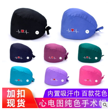 手术帽纯棉加扣吸汗巾心电图刺绣跨境欧美护士帽印花包头帽医生帽图2