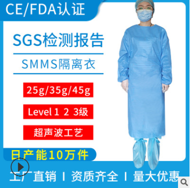 SMMS无纺布防水透气level 1 2 3超声波隔离衣一次性SMS手术衣