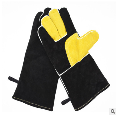 供应牛皮隔热焊接电焊防护手套二层皮双层加长加厚黑色劳保手套