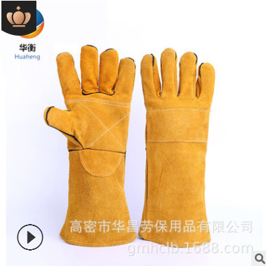 加长电焊手套 牛皮焊接防护手套耐磨劳保手套隔热工人手套批发图2
