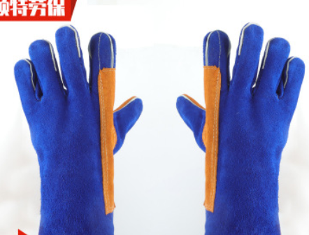 厂家批发双层加厚耐高温隔热电焊手套全牛皮14寸蓝色高端焊工手套