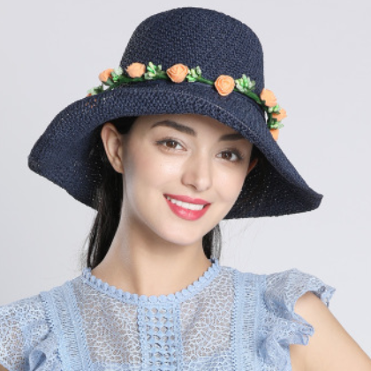 帽子女夏天可折叠防晒遮阳帽海边沙滩度假大檐草帽渔夫盆帽配花环图2