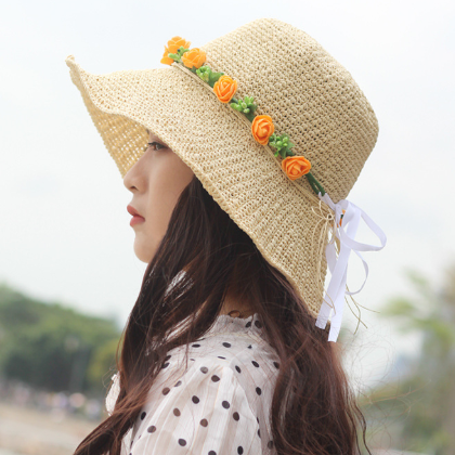 草帽女夏天小清新花朵遮阳帽防晒太阳帽可折叠大帽檐海边沙滩凉帽
