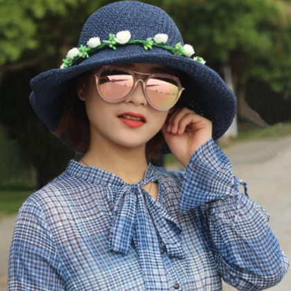 草帽女夏天小清新花朵遮阳帽防晒太阳帽可折叠大帽檐海边沙滩凉帽图2