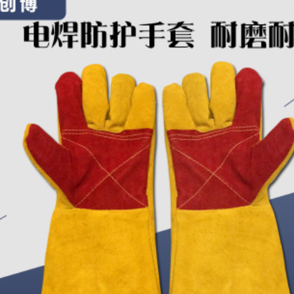 加长全牛皮电焊手套双层黄色焊工手套200度耐温手套图2