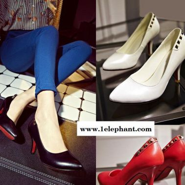 韩版 时尚简单款 舒适头层牛皮铆钉纯金属色细高跟鞋套脚女式单