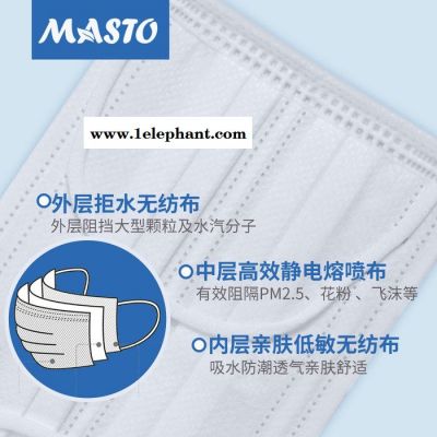 日本masto厂家一次性三层无纺布民用防护防尘口罩 儿童成人双鼻条防尘透气白色口罩批发 一次性口罩图5