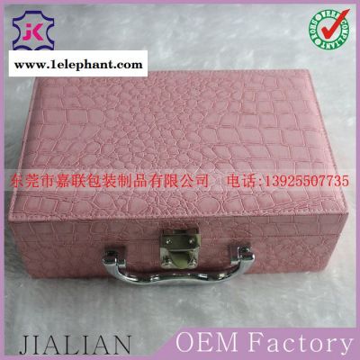 专业生产粉色中号手提式翻盖皮质化妆箱化妆品收纳盒图3