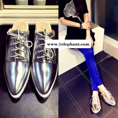 2015新款尖头女拖鞋时尚百搭拖鞋 金属牛皮女拖鞋夏款图2