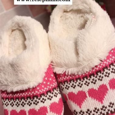 韩国 爱心拖鞋 针织毛绒家居拖鞋 冬季女半包跟保暖棉拖鞋