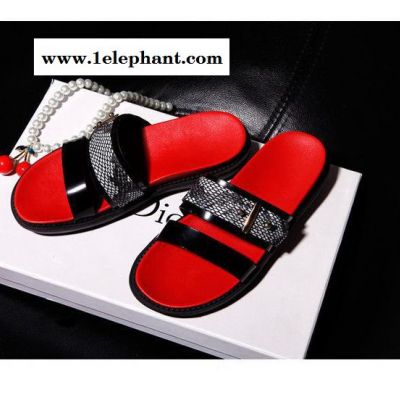 2015户外牛皮拖鞋女时尚百搭逛街女拖鞋欧洲站**平底凉拖鞋图2