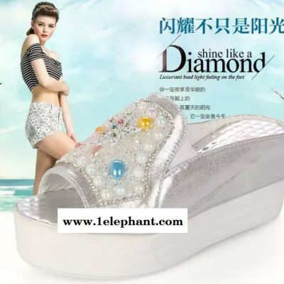 2015春夏季新款松糕拖鞋女水钻坡跟平底凉拖鞋厚底一字拖女士图3