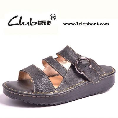 2014夏季新款真皮女士休闲凉拖鞋 厚底外贸皮拖鞋 平底一字图3