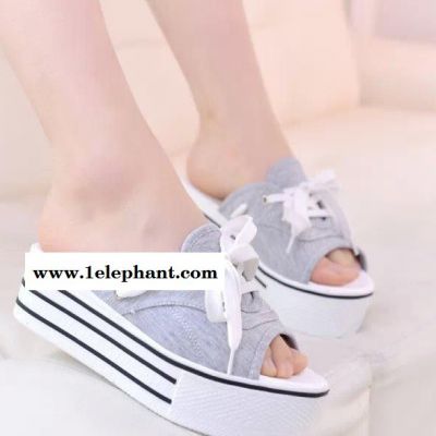 2015新款韩版松糕凉拖鞋女式休闲厚底半拖时尚帆布系带拖鞋图2