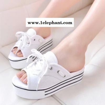 2015新款韩版松糕凉拖鞋女式休闲厚底半拖时尚帆布系带拖鞋图3