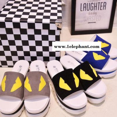 欧洲站夏新品女鞋小怪兽笑脸厚底拖鞋一字型休闲鞋女凉拖鞋松糕鞋图2