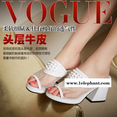 2015夏季时尚粗跟凉拖鞋 鱼嘴铆钉网纱拼接防水台真皮女拖鞋图2