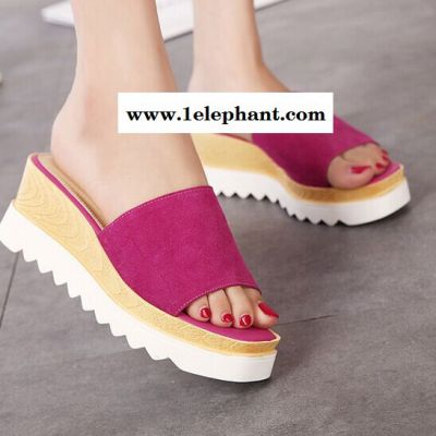 2015明星同款厚底坡跟凉拖鞋真皮一字拖鞋露趾防滑增高女拖M图2