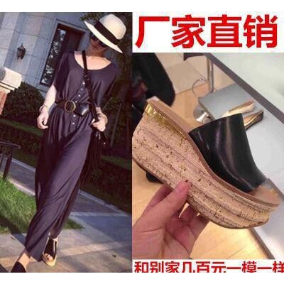呛口小辣侥季坡跟凉鞋真皮松糕一字拖鞋厚底凉拖鞋高跟女凉拖潮图3
