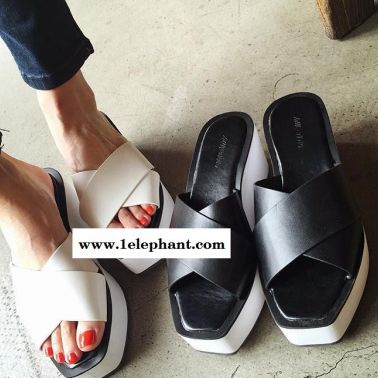 代发2015夏季新品欧美同款经典黑白配方头坡跟拖鞋女鞋子