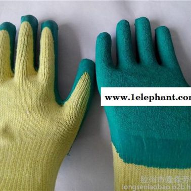 厂家批发普通型十针黄纱绿线皱乳胶手套皱纹浸胶劳保手套挂胶手套
