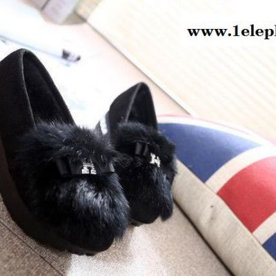 秋冬松糕底浅口单鞋加绒豆豆鞋厚底兔毛鞋坡跟护士豹纹鞋图2
