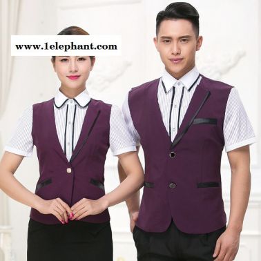 酒吧服务员工作服春夏装 宾馆前台马甲假两件 短袖西餐厅咖啡店工装